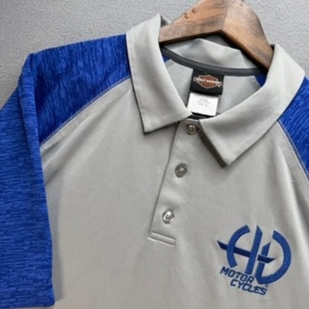Harley Davidson Polo Shirt Mens XL Gray Blue Motor Cycles Raglan Performance